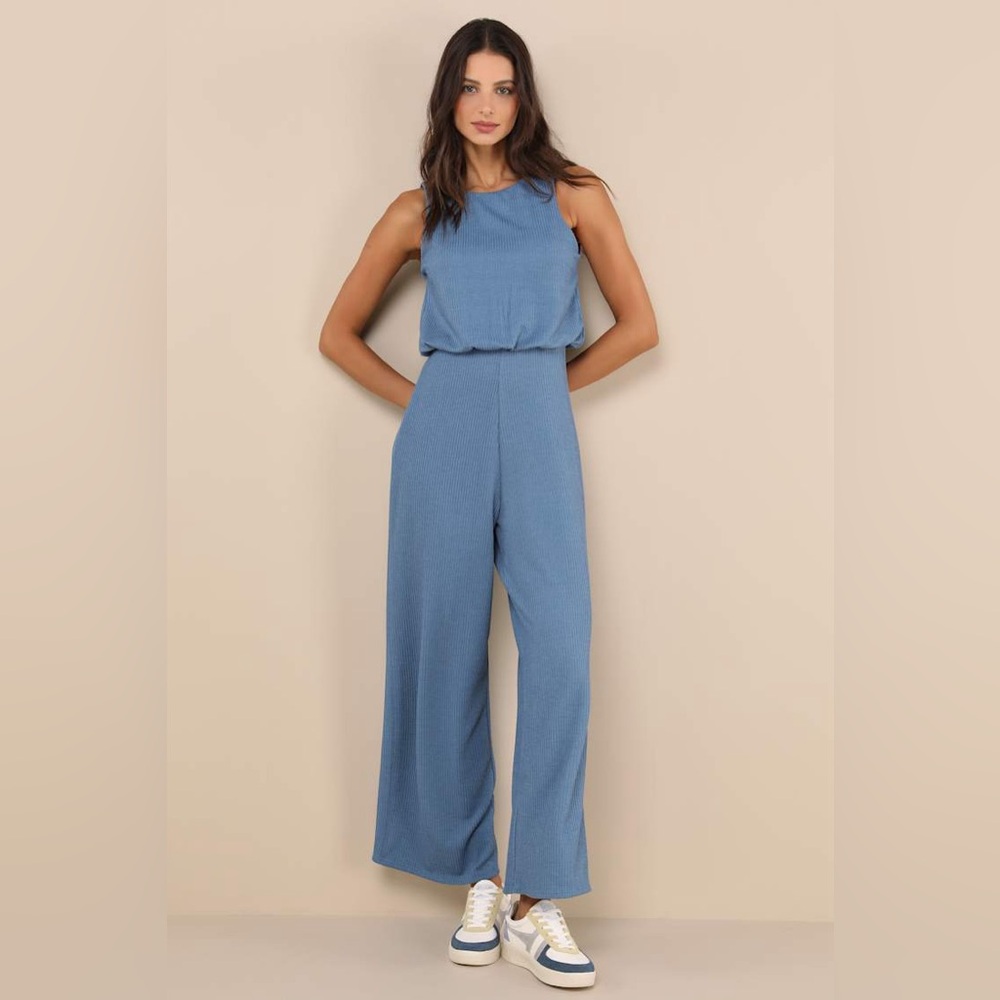 Lulus Positively Delightful Blue Textured Casual Cutout Wide-Leg Jumpsuit